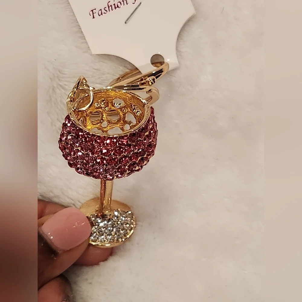 Wine Glass Pink and Gold Rhinestone Keychain Bag Charm